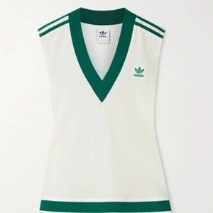 adidas Originals 'Tennis Luxe' logo V neck pleated dress in off white/green - M